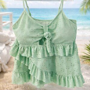 Mint Green Eyelet 3 Piece Set Crop Top Skirt & Bikini Bottom L